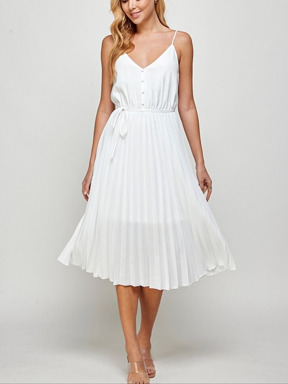 Women’s Pleated V-Neck Midi Dress in White